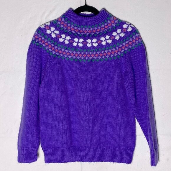 Hand Knit Purple Fair Isle Mock Neck Sweater M - Picture 11 of 11